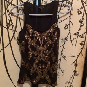 Express Women’s Black W/Gold Sequins Tank Top Lined Shimmer Cami